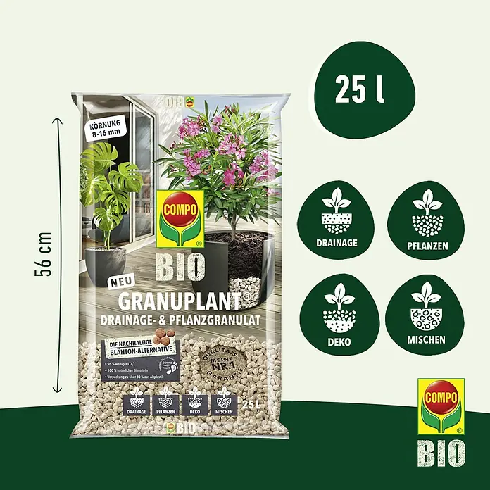 Compo Bio Pflanzgranulat Granuplant® - 25 l - Abbildung einer Packung COMPO BIO GRANUPLANT Drainage- & Pflanzgranulat, einer nachhaltigen Blähton-Alternative in 25L Größe.