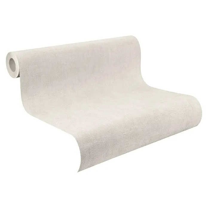 Rasch Vliestapete - Hellgrau, Uni, 10,05 x 0,53 m, Schimmernd - Nahaufnahme einer Tapetenrolle mit schlichtem, cremefarbenem Design, ideal für moderne Innenräume.
