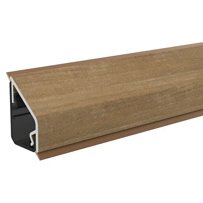 LOGOCLIC Wandabschlussprofil 34232 - 63,5 x 1,6 x 2,4 cm, Arizona Pine - Nahaufnahme eines Bodenprofils in Holzoptik mit schwarzer Basis, ideal für Übergänge und Abschlüsse.