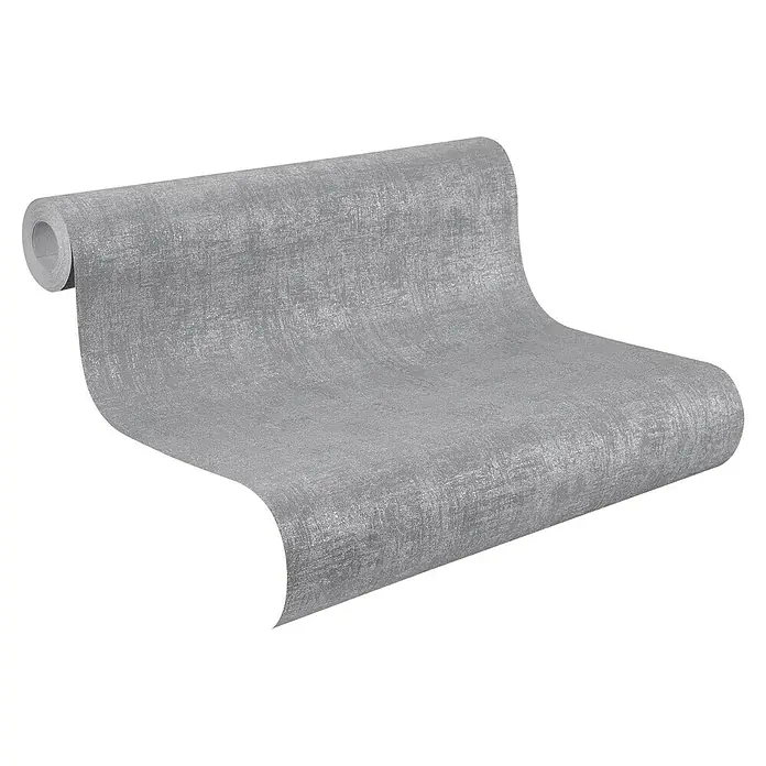 Rasch Vliestapete - Dunkelgrau, Uni, 10,05 x 0,53 m, Schimmernd - Nahaufnahme einer Rolle strukturierter, grauer Tapete, die ein elegantes und modernes Designelement für die Inneneinrichtung darstellt.