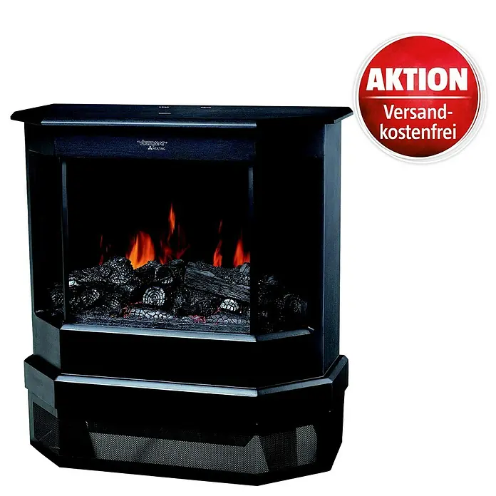 Voltomat HEATING Elektrischer Kamin - 1.850 W, Schwarz, 29 x 59,3 x 63,6 cm - Produktansicht eines schwarzen Kaminofens mit simulierten Flammen und der Aufschrift "Aktion Versandkostenfrei".