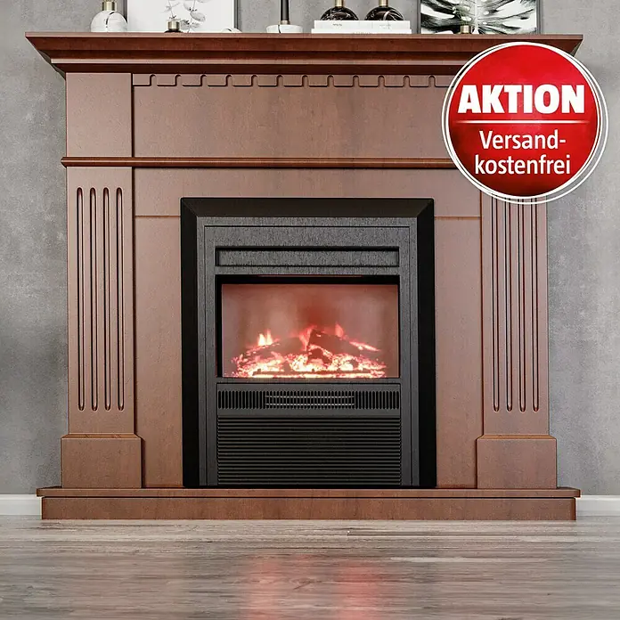 Voltomat HEATING Elektrischer Kamin - 2.000 W, Braun/Schwarz, 26 x 109 x 110 cm - Elegantes Kamin mit elektrischem Feuer, verziert mit einem roten "Aktion Versandkostenfrei"-Aufkleber, der ein unwiderstehliches Angebot signalisiert.