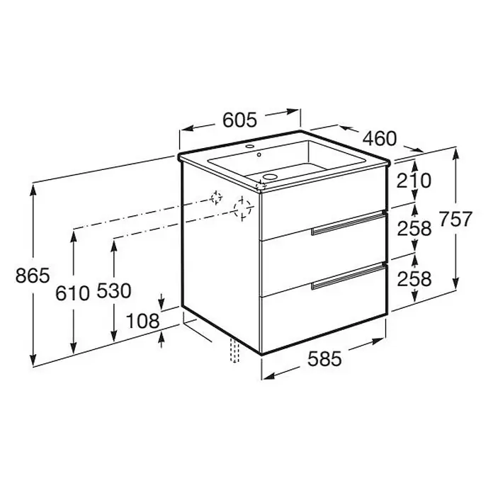 Roca Conjunto de mueble de baño Unik Borneo-N 3C - Ancho: 60 cm, Verde Sage, 2 pzs. - Un dibujo isométrico de un tocador de baño con cajones y las correspondientes marcas de dimensiones.