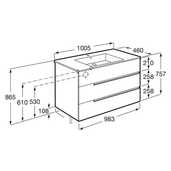 Roca Conjunto de mueble de baño Unik Borneo-N 3C - Ancho: 100 cm, Beige, 2 pzs. - Dibujo de un mueble de baño con lavabo y cajones, incluyendo medidas detalladas para el diseño y la planificación.