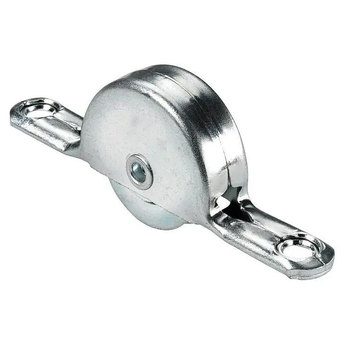 Hettich Laufrolle - 13 x 76 mm, Traglast: 15 kg, Passend für: Untenlaufende Schiebesysteme, 2 Stk. - Nahaufnahme einer Metallscheibe mit Befestigungslaschen, ideal für verschiedene Anwendungen. Robuste Bauweise für zuverlässigen Einsatz.