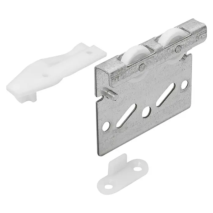 Hettich Montage-Set TopLine 3 - Passend für: 1 Schiebetür, Traglast: 40 kg - Produktbild eines Möbeltür-Laufrollensets, bestehend aus Rollen, einer Führung und Zubehör, ideal für Schiebetüren.