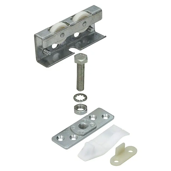 Hettich Montage-Set TopLine 3plus - Passend für: 1 Schiebetür, Traglast: 40 kg - Detailaufnahme eines Türrollenbeschlagsatzes mit silbernen Metallteilen und weißen Rollen. Ideal für Schiebetüren und Möbel.