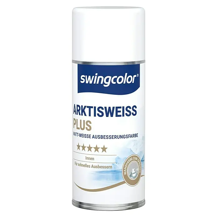 swingcolor Wandfarbe Ausbesserungsspray Arktisweiß Plus - Schneeweiß, Matt, 150 ml - Eine Dose Swingcolor Arktisweiss Plus Sprühfarbe für matte, weiße Ausbesserungen im Innenbereich, ideal für schnelle Reparaturen und Ausbesserungsarbeiten.