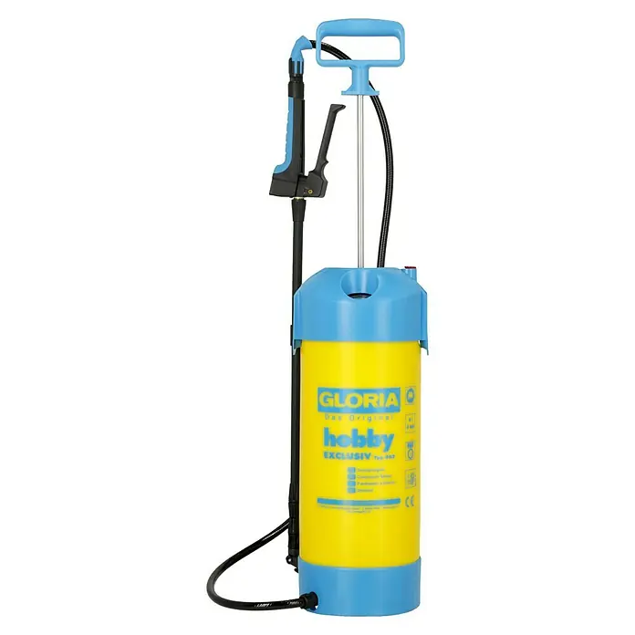 Gloria Drucksprühgerät Hobby Exklusiv mit Teleskopsprührohr - 5 l - Die Gloria Hobby Exclusiv 100 5L Drucksprühflasche ist ideal für den Hobbygärtner. Sie ist gelb und blau und hat eine Lanze und einen Griff.
