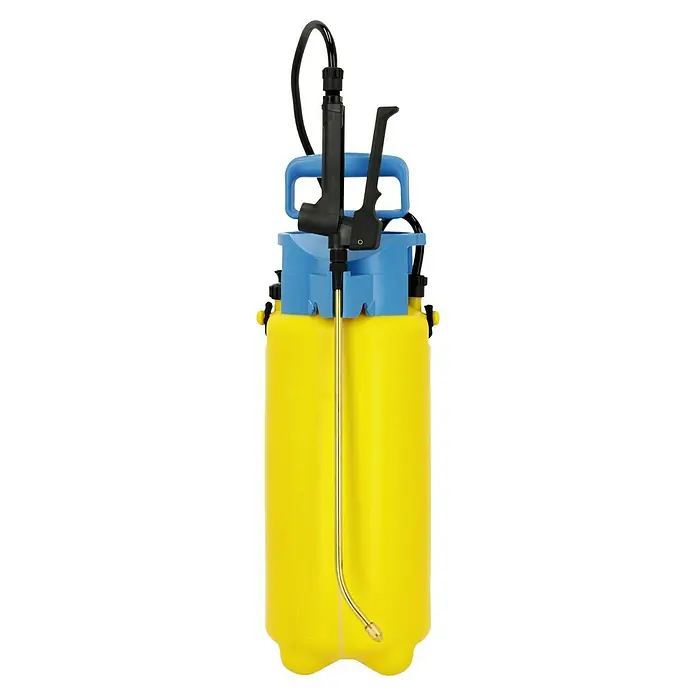 Gloria Drucksprühgerät Prima 5 mit Messing-Lanze & -Düse - 5 l - Gelber und blauer Drucksprüher mit schwarzem Griff und Schlauch für Garten- und Reinigungsarbeiten. Ideal für Pflanzenpflege.