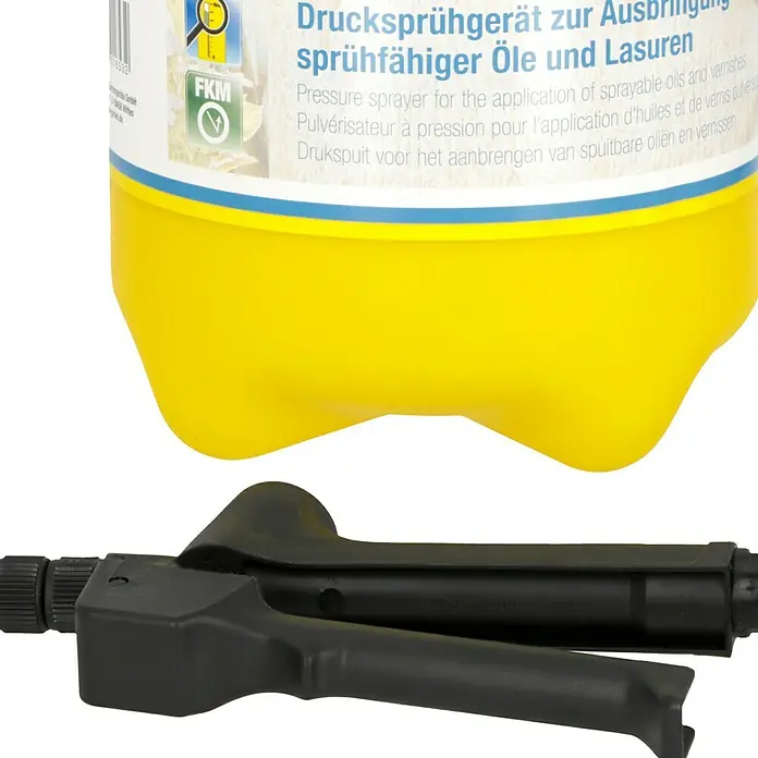 Gloria Drucksprühgerät Spray&Paint - Betriebsdruck: 3 bar, Kunststoff - Bild einer gelben Drucksprühflasche mit schwarzem Sprühkopf, geeignet für Öle und Lacke.