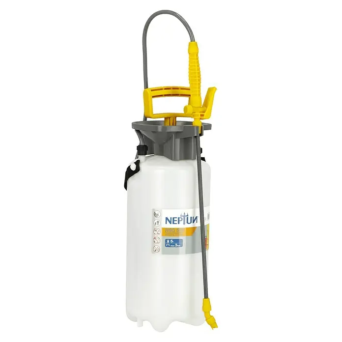 Neptun Drucksprühgerät NSG 500 - 5 l - Ein detailreiches Bild eines NEPTUN NSG 5 Drucksprühers in Weiß und Grau mit gelben Akzenten, ideal für Gartenarbeiten.