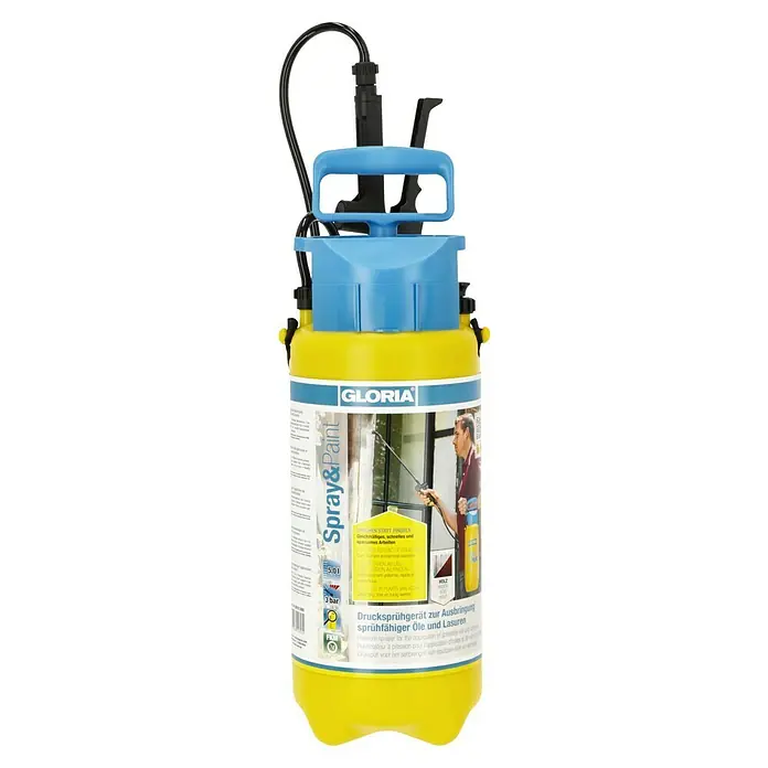 Gloria Drucksprühgerät Spray&Paint - Betriebsdruck: 3 bar, Kunststoff - Bild eines Gloria Spray&Paint Drucksprühgeräts in Gelb und Blau, ideal für das Auftragen von Ölen und Lacken.