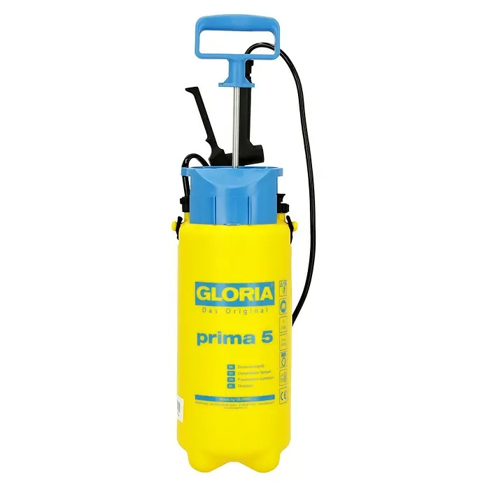 Gloria Drucksprühgerät Prima 5 mit Messing-Lanze & -Düse - 5 l - Gloria Prima 5 Drucksprühgerät in Gelb und Blau. Das Gerät ist für den Einsatz im Garten und Landwirtschaft konzipiert.