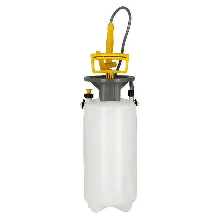 Neptun Drucksprühgerät NSG 500 - 5 l - Eine weiße Druckpumpe mit gelbem Griff und grauem Schlauch, ideal für verschiedene Flüssigkeiten. Sie ist robust und einfach zu bedienen.