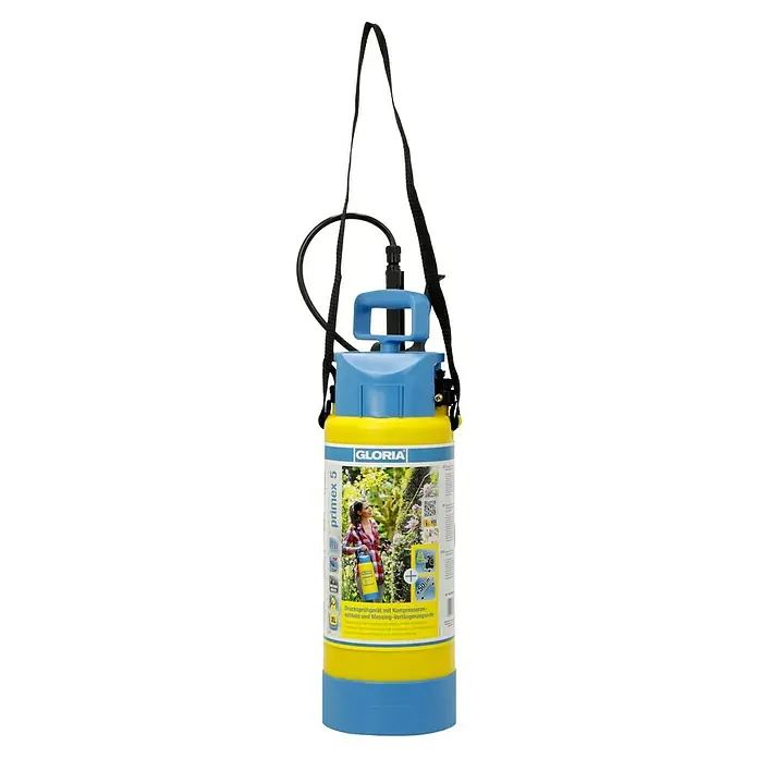 Gloria Drucksprühgerät Primex 5 mit Messing Verlängerungsrohr - 5 l - Gloria Primex 5 Drucksprühgerät, gelb/blaue Farbkombination, mit Tragegurt, ideal für Garten- und Pflanzenpflege.