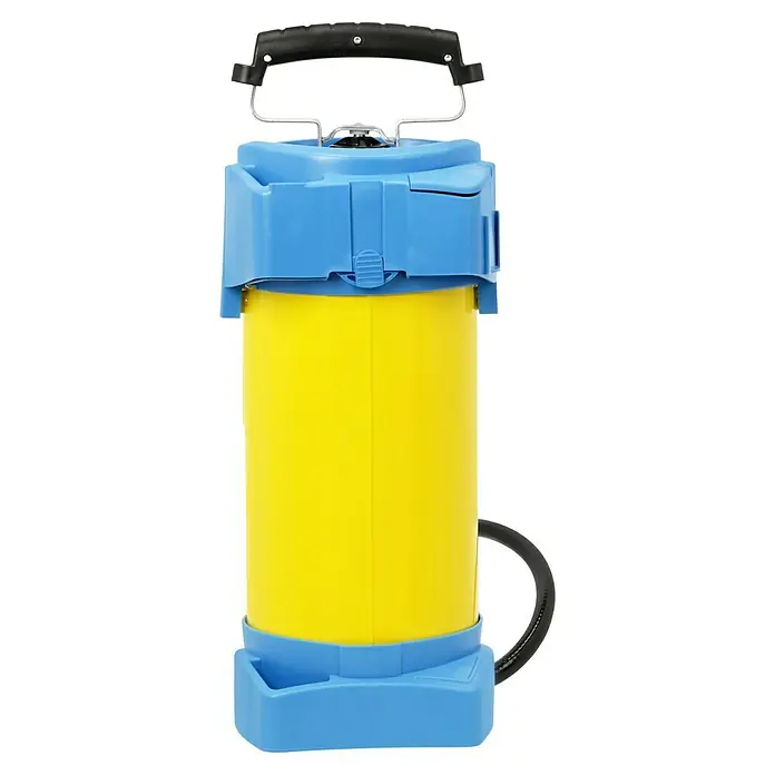 Gloria Drucksprühgerät 405 T - 5 l, 6 bar, Stahl - Nahaufnahme einer gelb-blauen Gartenspritze mit schwarzem Griff, ideal für die Pflege von Pflanzen und Gärten.