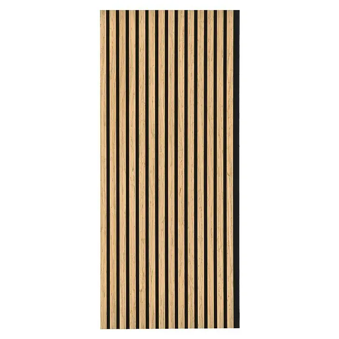 Akustikpaneel - Eiche Natur, L x B x S: 1.195 x 572,5 x 19 mm, 1 Stk. - Akustikpaneel aus hellem Holz mit schmalen, senkrechten Latten und dunklen Zwischenräumen, ideal für Wand- und Deckengestaltung.