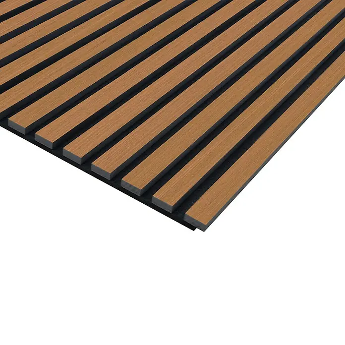 Akustikpaneel - Eiche Medium, L x B x S: 1.195 x 572,5 x 19 mm, 1 Stk. - Nahaufnahme eines Holzpaneels mit schwarzen Zwischenräumen. Ideal für moderne Wandverkleidungen mit stilvoller Holzoptik.