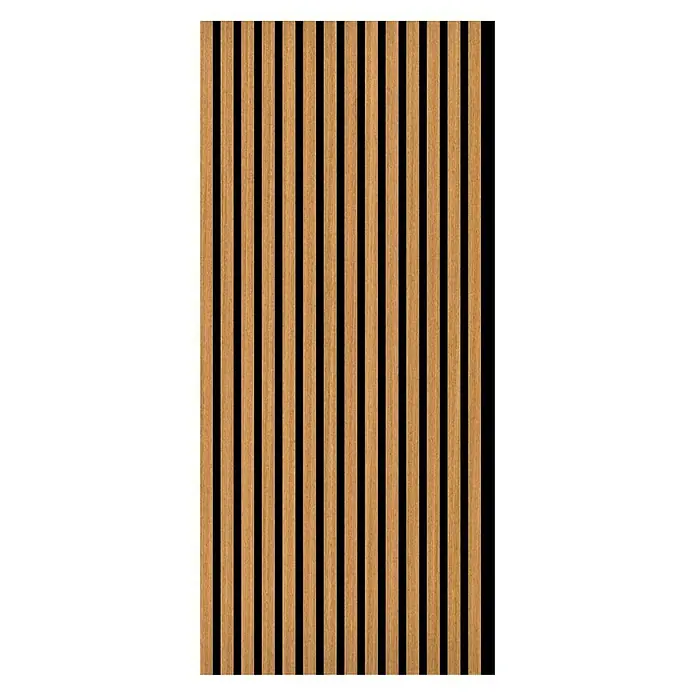 Akustikpaneel - Eiche Medium, L x B x S: 1.195 x 572,5 x 19 mm, 1 Stk. - Holzpaneel-Design mit vertikalen Lamellen und eleganten schwarzen Akzenten für eine moderne Wandgestaltung.