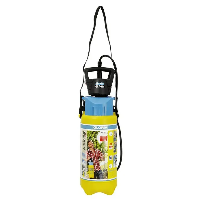 Gloria Drucksprühgerät AutoPump Set mit Batterie-/Akku-Betrieb - 5 l, Mit Tragegurt - Gloria AutoPump Mini Drucksprühgerät mit einem gelben Behälter, einem blauen Oberteil und einem schwarzen Griff, der zum Tragen geeignet ist.