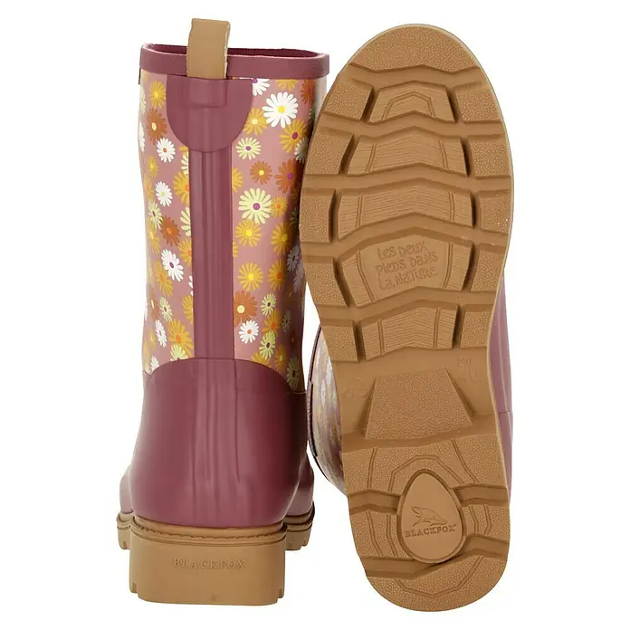 Black Fox Gummistiefel Lizia - Schuhgröße: 40, Rosa - Ein Paar verspielte, geblümte Blackfox-Gummistiefel, ideal für verregnete Tage und Outdoor-Abenteuer. Die robuste Sohle bietet Halt.