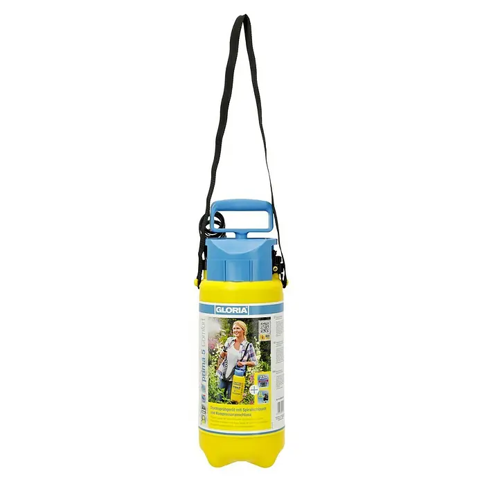 Gloria Drucksprühgerät Prima 5 Comfort - 5 l - Gloria Prima 5 Comfort Drucksprühgerät mit Tragegurt, gelb/blau. Ideal für Garten- und Pflanzenpflege, robust und benutzerfreundlich.