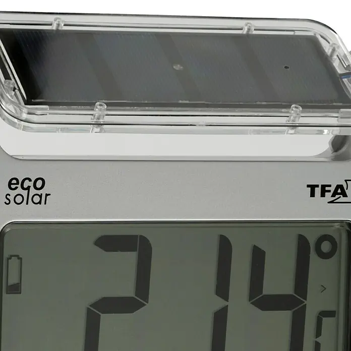 TFA Dostmann Gartenthermometer 'Avenue' Digital Solar - Digital, L x B x H: 1.145 x 40 x 175 mm, Silber - Digitales Thermometer TFA mit Solarpanel für umweltfreundliche Energieversorgung und Anzeige der Temperatur.
