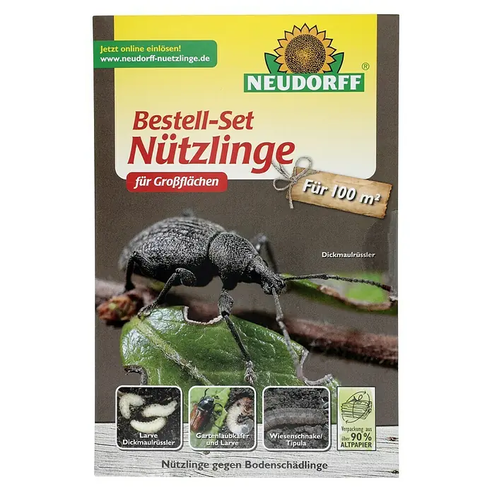 Neudorff Bestellkarte - Geeignet für: Bodenschädlinge, Max. Anwendungsfläche: 100 m² - Produktabbildung des Neudorff Bestell-Sets Nützlinge gegen Bodenschädlinge für 100 m² Fläche, eine umweltfreundliche Lösung.