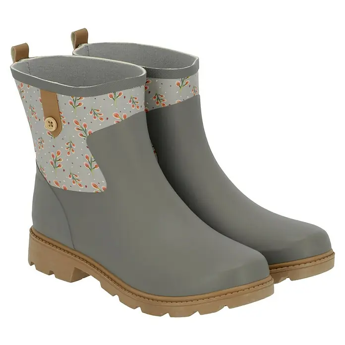 Black Fox Gummistiefel Bella - Schuhgröße: 40, Grau - Graue Regenstiefel mit Blumenmuster und braunen Akzenten. Perfekt für stilvolle Regentage, bieten sie Komfort und Schutz vor Nässe.