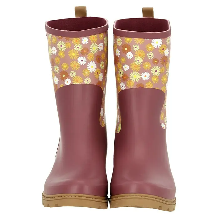 Black Fox Gummistiefel Lizia - Schuhgröße: 40, Rosa - Ein Paar verspielte Regen Stiefel mit einem Gänseblümchenmuster, perfekt für nasse Tage, die Farbe der Gummistiefel ist Lila.