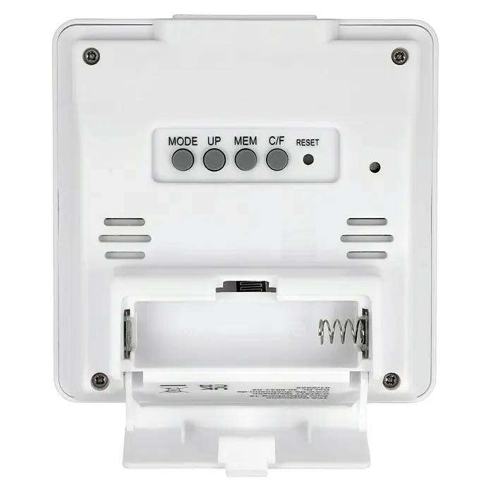 TFA Dostmann Thermo-Hygrometer - Breite: 9,4 cm - Rückseite einer weißen Wetterstation mit Batteriefach, Knöpfen für Einstellungen und Schrauben.