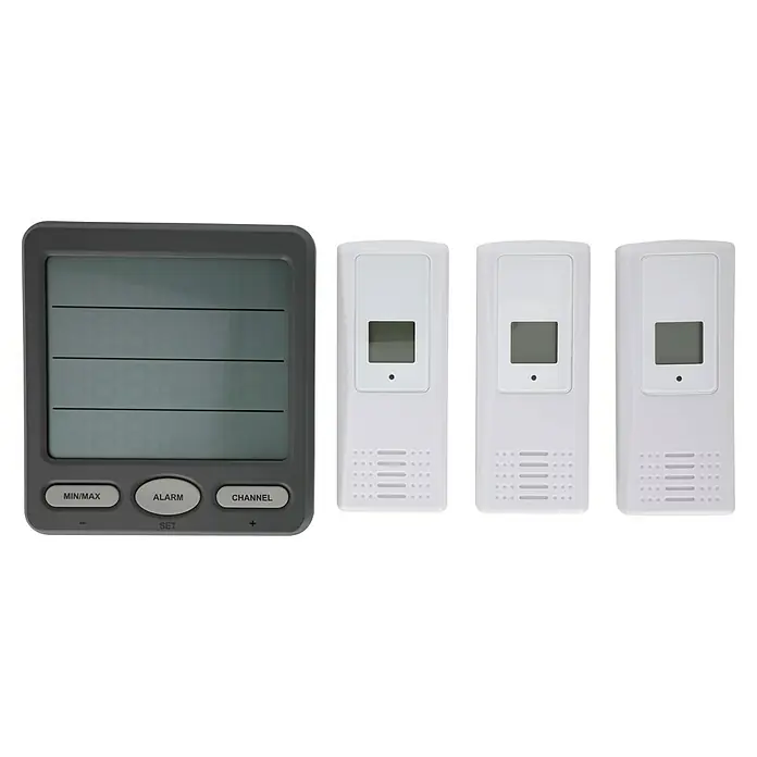 TFA Dostmann Funk-Thermo-Hygrometer - Digital, Reichweite Sensor: 100 m - Wetterstation mit digitalem Display und drei Funksensoren zur Messung von Temperatur und Luftfeuchtigkeit.