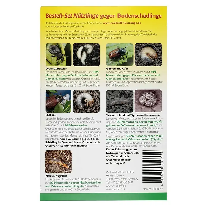 Neudorff Bestellkarte - Geeignet für: Bodenschädlinge, Max. Anwendungsfläche: 100 m² - Produktabbildung des Bestell-Sets Nützlinge gegen Bodenschädlinge von Neudorff, ideal zur Schädlingsbekämpfung im Garten.
