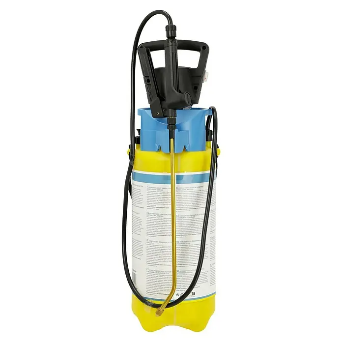 Gloria Drucksprühgerät AutoPump Set mit Batterie-/Akku-Betrieb - 5 l, Mit Tragegurt - Eine Sprühflasche mit gelbem Behälter, blauem Deckel, schwarzem Griff und goldenem Sprührohr. Ideal für Garten- und Reinigungsarbeiten.