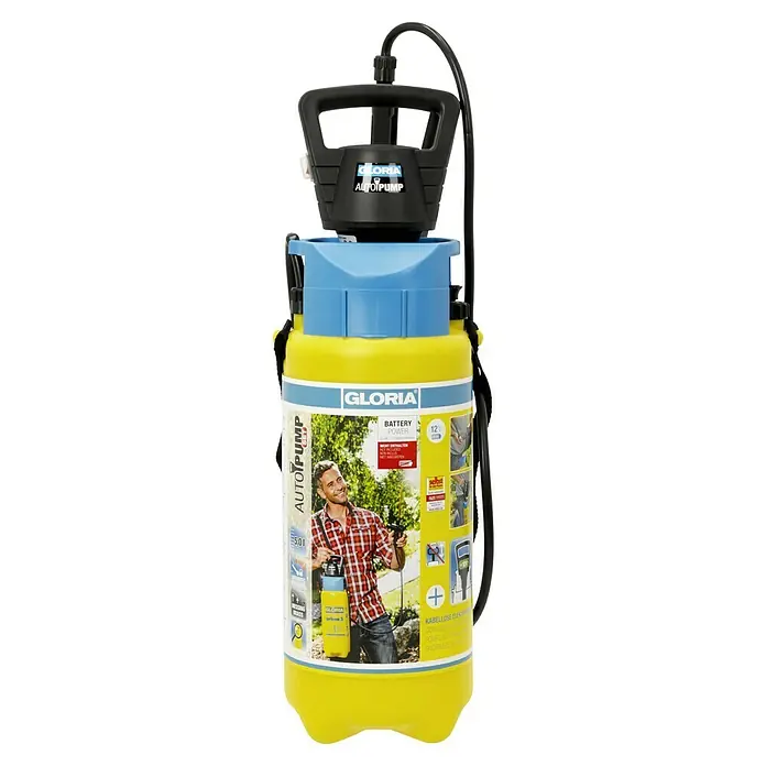 Gloria Drucksprühgerät AutoPump Set mit Batterie-/Akku-Betrieb - 5 l, Mit Tragegurt - Gloria AutoPump Drucksprüher mit gelbem Behälter, blauem Deckel und schwarzem Griff mit dem Gloria-Logo.
