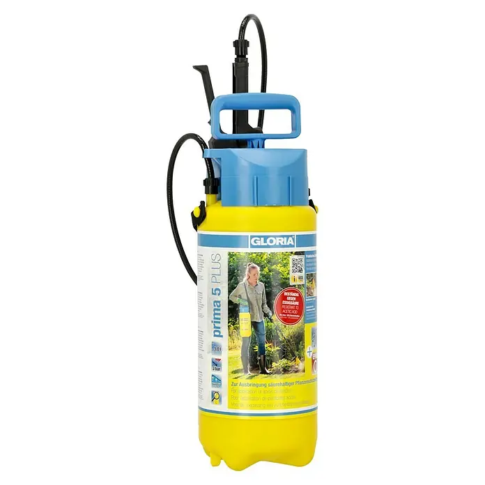 Gloria Drucksprühgerät Prima 5 PLUS - 5 l - Die Gloria Prima 5 Plus Drucksprühflasche in Gelb und Blau. Ideal für die Ausbringung säurehaltiger Pflanzenschutzmittel.