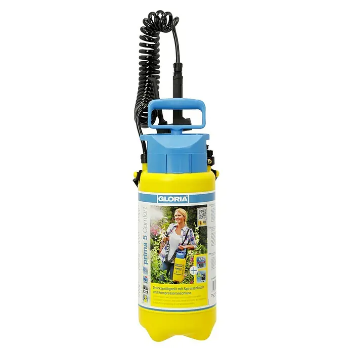 Gloria Drucksprühgerät Prima 5 Comfort - 5 l - Gloria Prima 5 Comfort Drucksprühgerät mit Spiralschlauch und Kompressoranschluss für Garten- und Pflanzenpflege mit praktischem Zubehör.