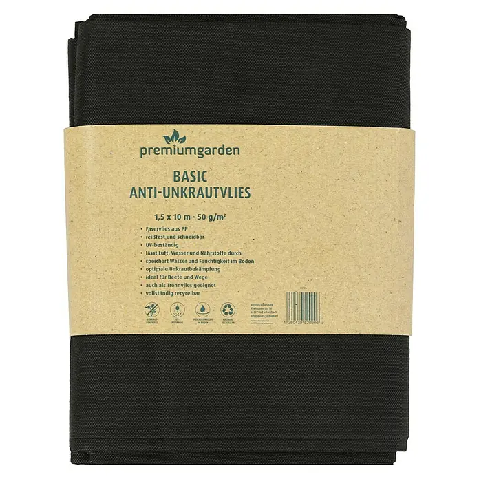 Unkrautvlies - L x B: 10 x 1,5 m, Grammatur: 50 g/m² - Abdeckung von Premiumgarden Basic Anti-Unkrautvlies, 1,5 x 10 m, 50 g/m², aus Faservlies PP, reißfest, UV-beständig und vollständig recycelbar.
