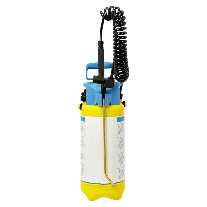 Gloria Drucksprühgerät Prima 5 Comfort - 5 l - Ein gelb-blauer Drucksprüher mit einem schwarzen Schlauch, der sich oben spiralförmig aufrollt, für vielfältige Sprühanwendungen.