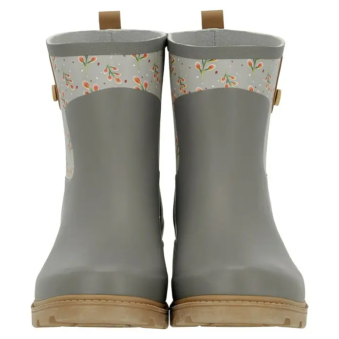 Black Fox Gummistiefel Bella - Schuhgröße: 38, Grau - Graue Regenstiefel mit Blumenmuster am oberen Rand und braunen Akzenten, perfekt für regnerische Tage.