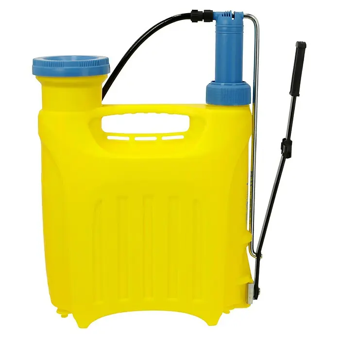 Gloria Kolbenrückensprühgerät Hobby 1200 - Füllmenge: 12 l, Geeignet für: Biologische Spritzmittel - Gelber Drucksprüher mit blauem Deckel und schwarzem Schlauch, ideal für Gartenarbeit.