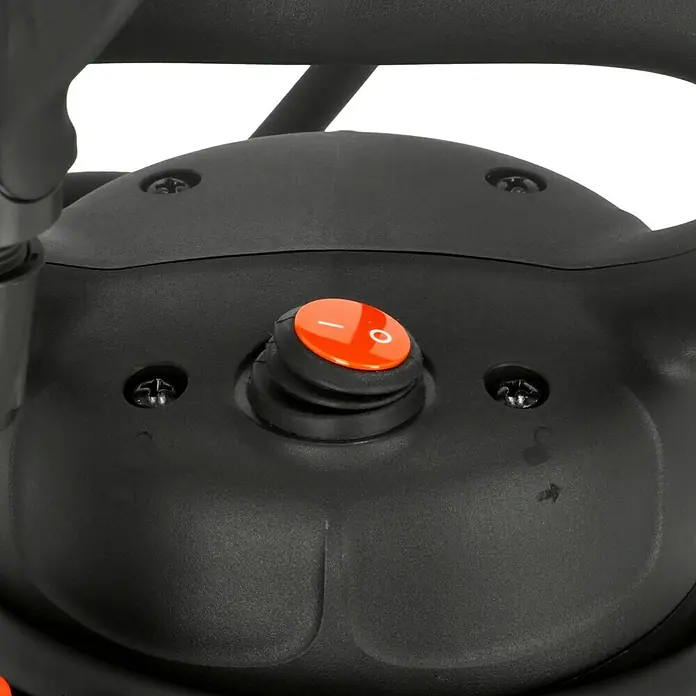 Gardena Drucksprüher Easy Pump - Füllmenge: 5 l - Detailaufnahme eines schwarzen Geräts mit einem markanten orangefarbenen Schalter mit Symbolen.