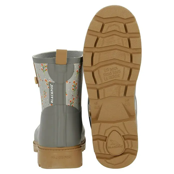 Black Fox Gummistiefel Bella - Schuhgröße: 40, Grau - Grauer Blackfox-Gartenstiefel mit Blumenmuster, der Komfort und Stil vereint. Robuste Sohle für sicheren Halt im Garten.