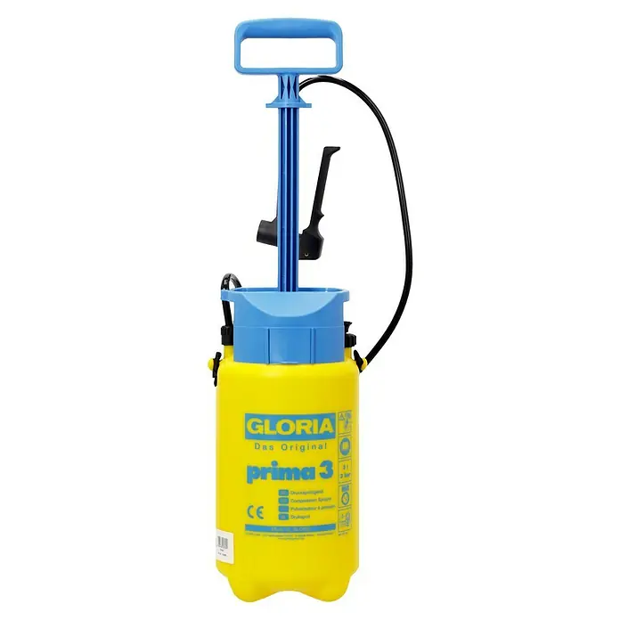 Gloria Drucksprühgerät Prima 3 mit verstellbarer Messingdüse - 3 l - Gelbe Gloria Prima 3 Druckspritze mit blauem Pumpgriff und schwarzem Schlauch, ideal für Gartenarbeiten und Pflanzenschutz.