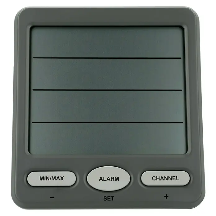 TFA Dostmann Funk-Thermo-Hygrometer - Digital, Reichweite Sensor: 100 m - Nahaufnahme eines grauen digitalen Thermometers mit Tasten für Min/Max, Alarm und Kanal.