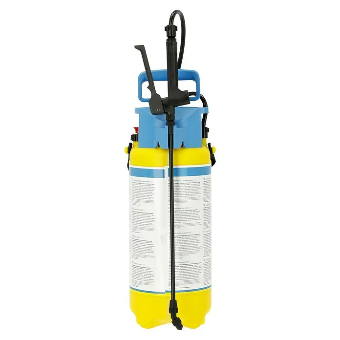 Gloria Drucksprühgerät Prima 5 PLUS - 5 l - Nahaufnahme eines gelb-blauen Drucksprühgeräts mit schwarzem Griff und Sprühstab, ideal für Gartenarbeit und Pflanzenschutz.
