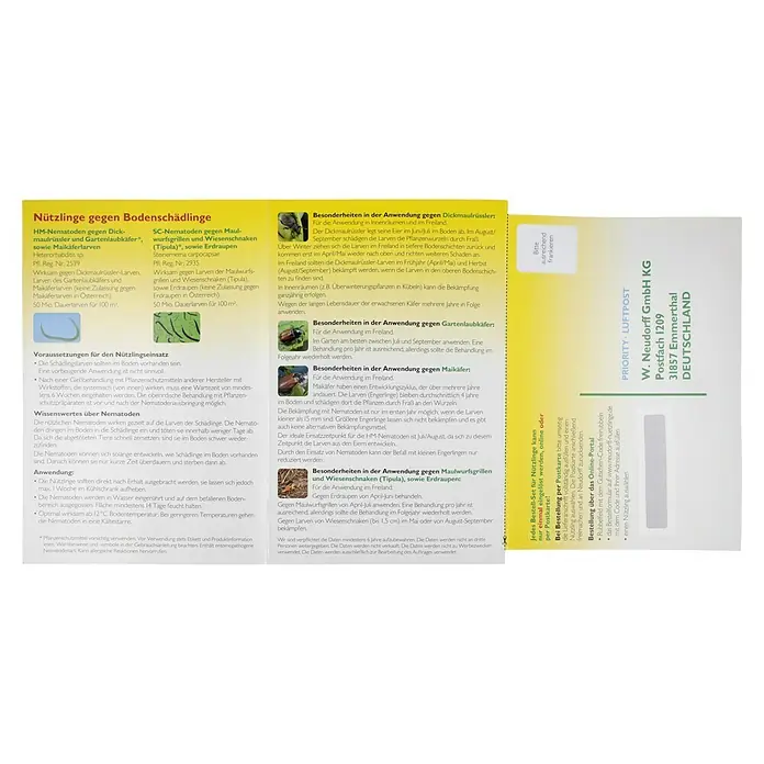 Neudorff Bestellkarte - Geeignet für: Bodenschädlinge, Max. Anwendungsfläche: 100 m² - Abbildung des Produkts Neudorff Nützlinge gegen Bodenschädlinge, das Nematoden zur Bekämpfung von Schädlingen im Boden enthält.