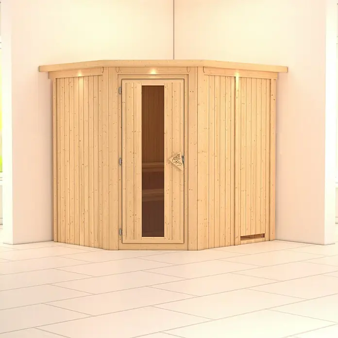 Karibu Elementsauna Siirin - Ohne Ofen, Mit Dachkranz und Beleuchtung, Materialspezifizierung Tür: Massivholztür, L x B x H: 210 x 184 x 192 cm - Eine Ecksauna mit Holztüren und einem schmalen Glasfenster, die Wärme und Entspannung verspricht. Perfekt für Ihr Wellness-Erlebnis zu Hause.