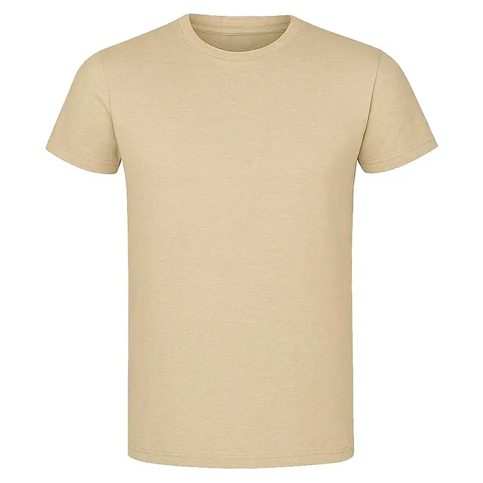 Camiseta Atomic - 4 XL, Arena, 85% algodón / 15% viscosa - Primer plano de una camiseta de manga corta marrón claro, ideal para ropa informal y relajada.